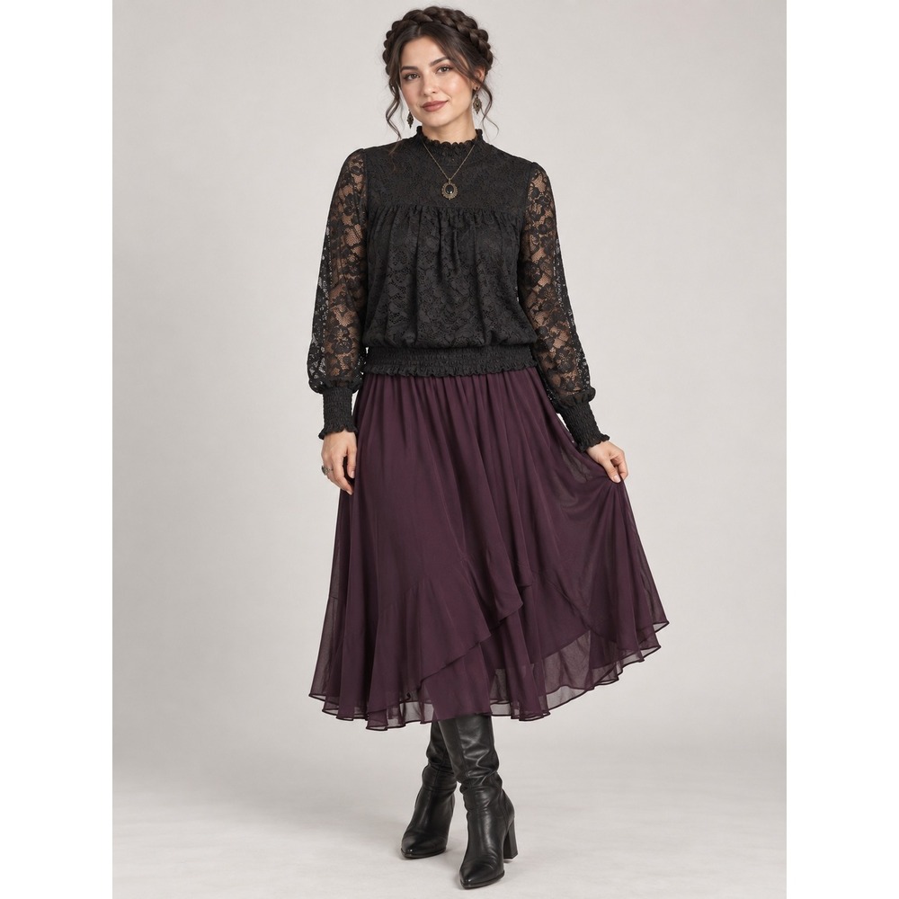 Whimsigoth Fairycore Emo Party Black Floral Lace Mock Neck Long Sleeve L Top